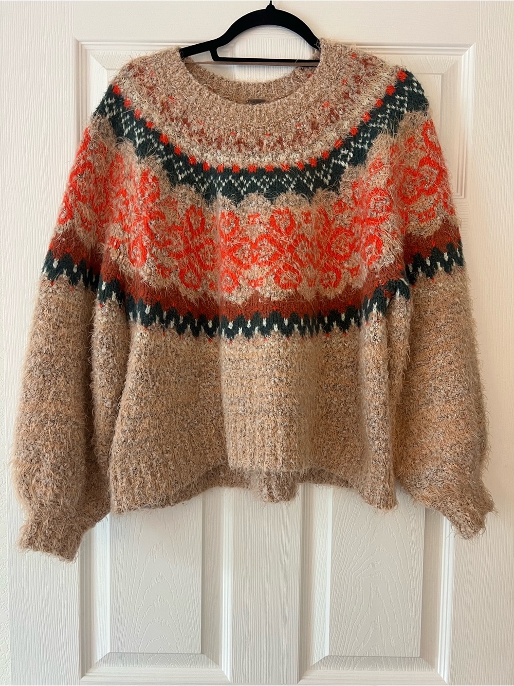 Free People Fair Isle Crewneck Sweater with Orange and Navy Pattern